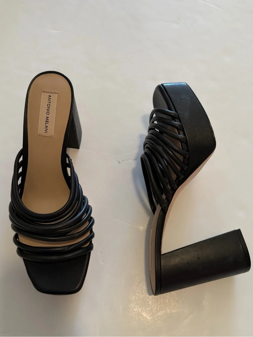 ANTONIO MELANI Black Multi-Strap Block Heel Platform Sandals